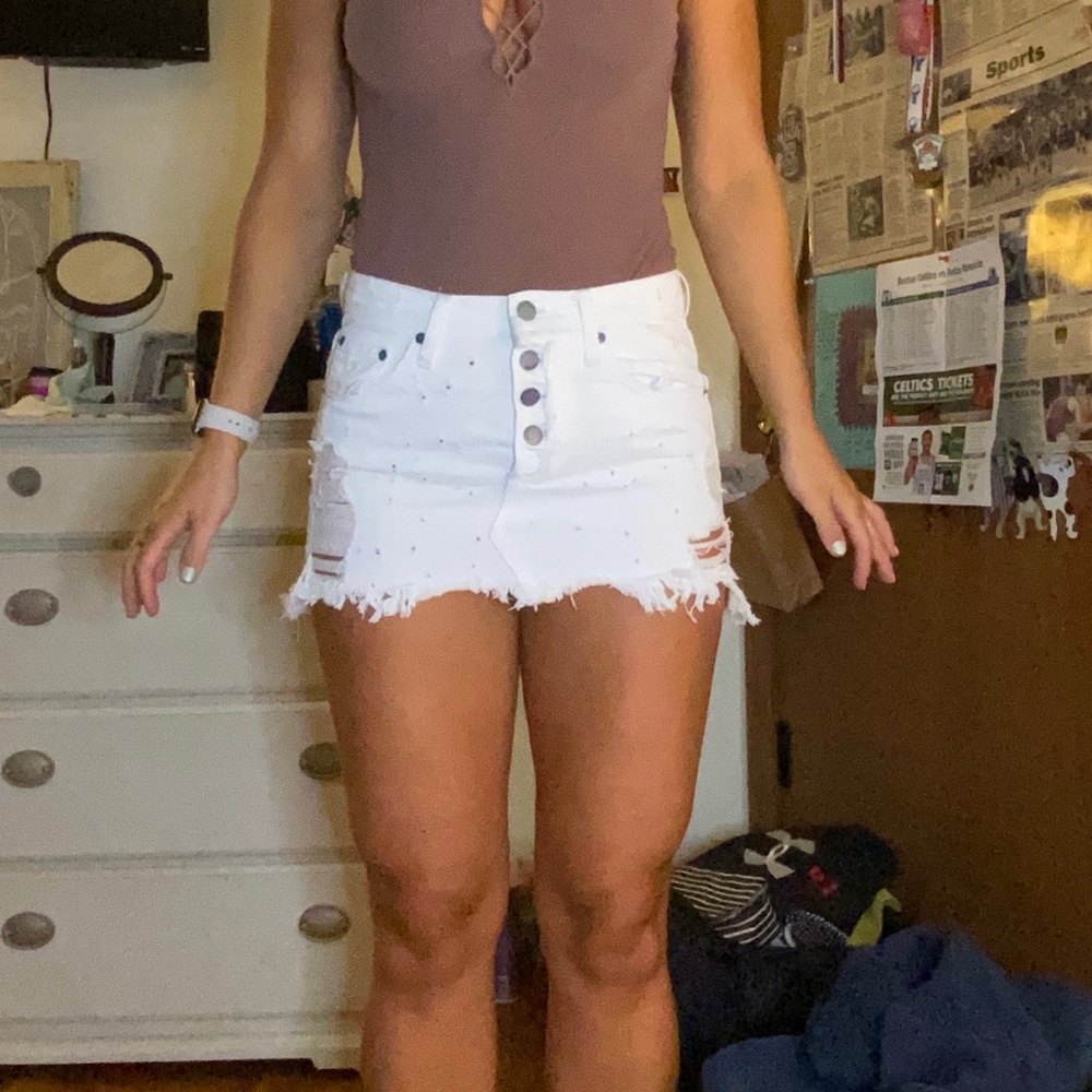 LF distressed white denim mini skirt